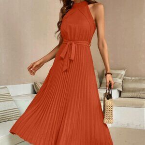 SHEIN L 8/10 ORANGE PLEATED MIDI DRESS W TIE NWOT